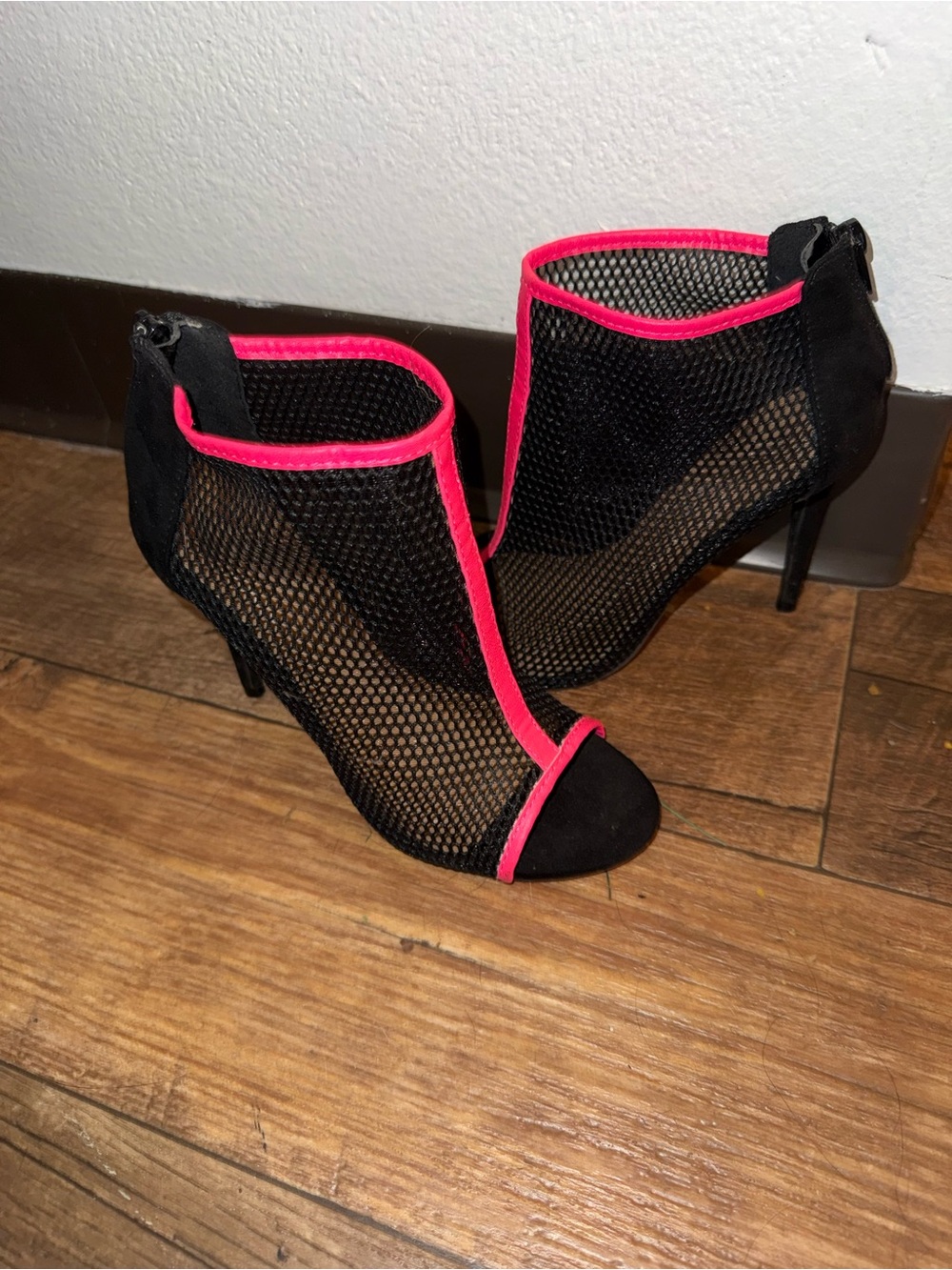 Anne Michelle Black Mesh Peep-Toe High Heels with Neon Pink Trim